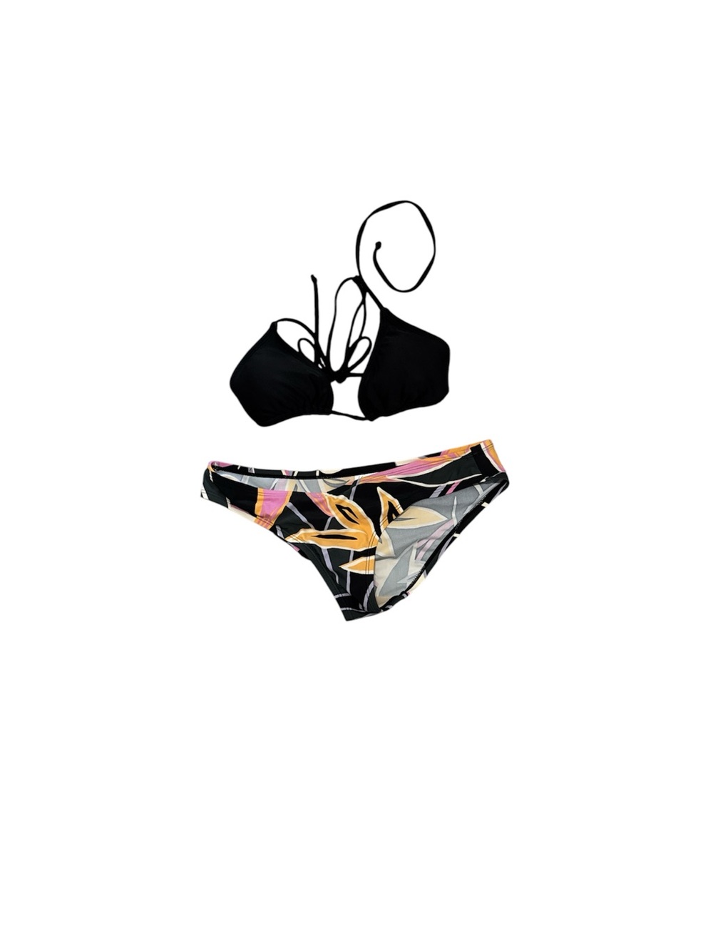 Black Two-Piece Bikini Set with Floral Print Bottom